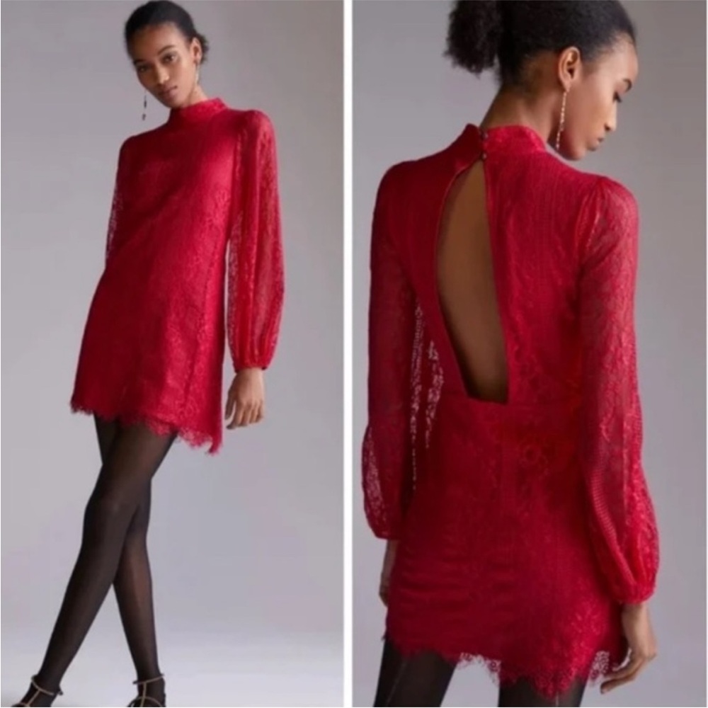 Anthropologie Maeve Open-Back Lace Mini Dress, Red, size 14 NWT